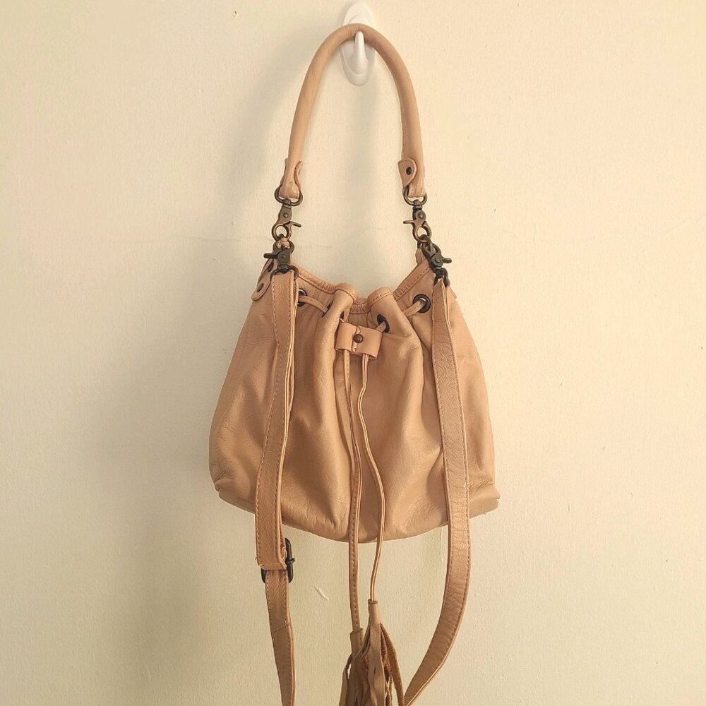 Beige Leather Drawstring Shoulder Bag